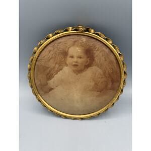 Antique Oval Baby Portrait Photograph Ornate Brass Frame Victorian Era
